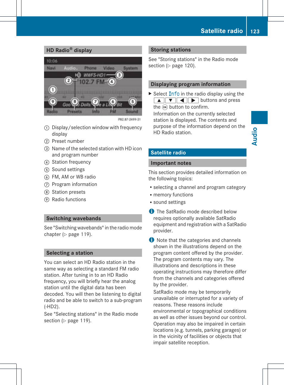 Audio, Satellite radio | Mercedes-Benz CLS-Class 2011 COMAND Manual User Manual | Page 125 / 214