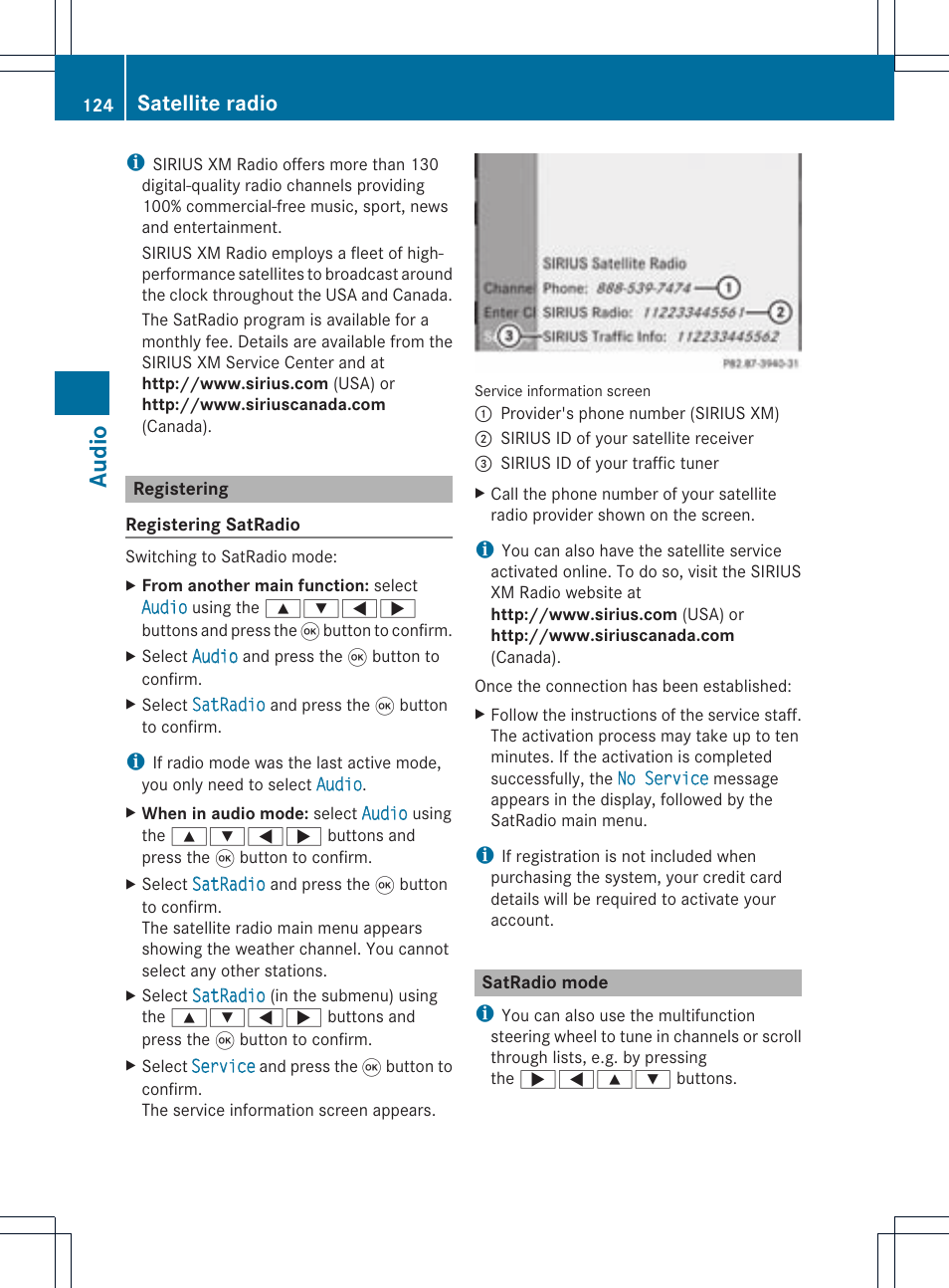 Audio, Satellite radio | Mercedes-Benz CLS-Class 2011 COMAND Manual User Manual | Page 126 / 214