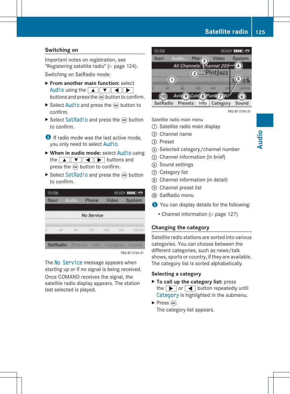 Audio, Satellite radio | Mercedes-Benz CLS-Class 2011 COMAND Manual User Manual | Page 127 / 214
