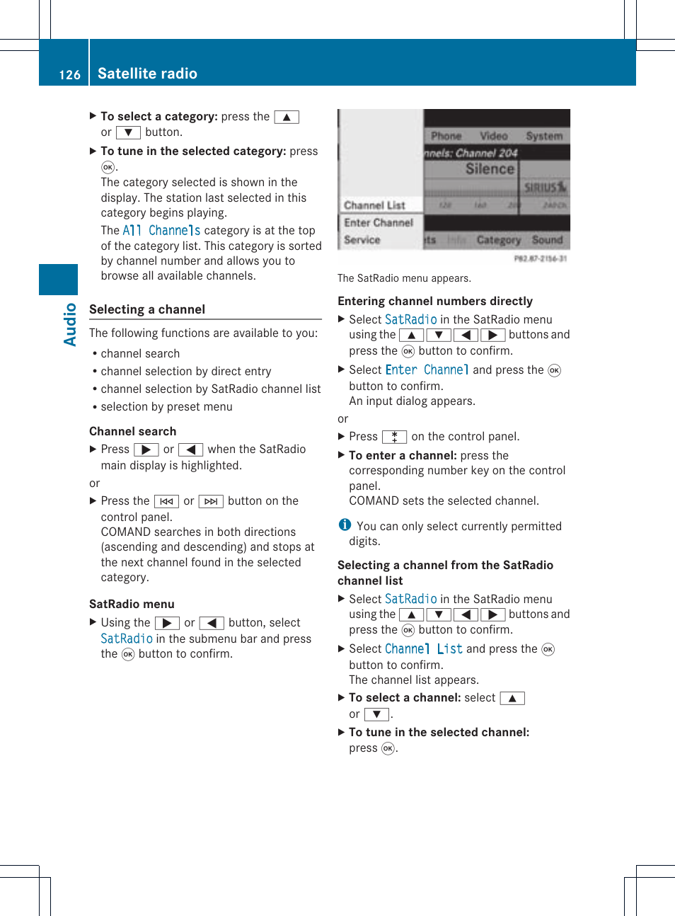 Audio, Satellite radio | Mercedes-Benz CLS-Class 2011 COMAND Manual User Manual | Page 128 / 214