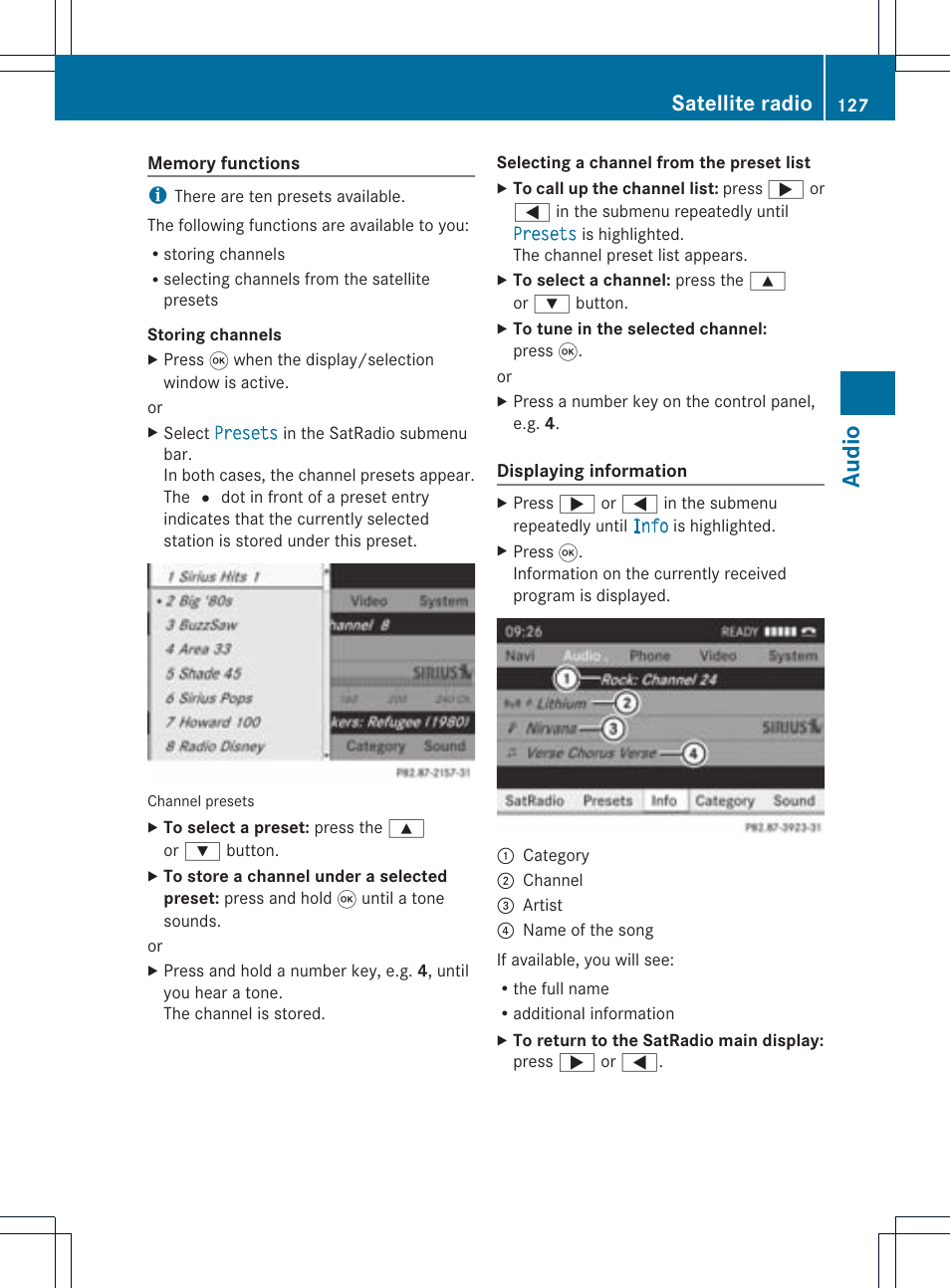 Audio, Satellite radio | Mercedes-Benz CLS-Class 2011 COMAND Manual User Manual | Page 129 / 214