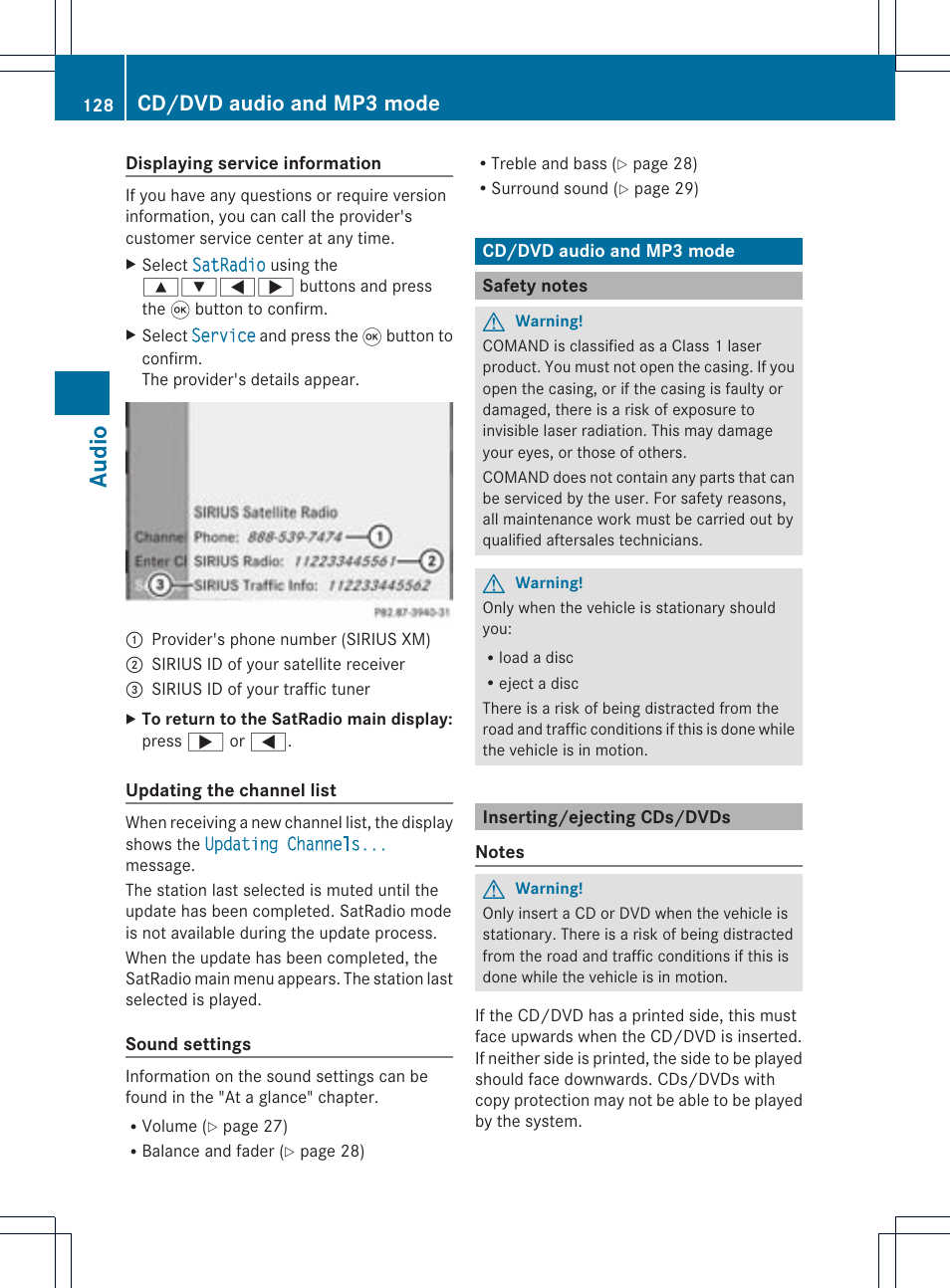 Audio, Cd/dvd audio and mp3 mode | Mercedes-Benz CLS-Class 2011 COMAND Manual User Manual | Page 130 / 214