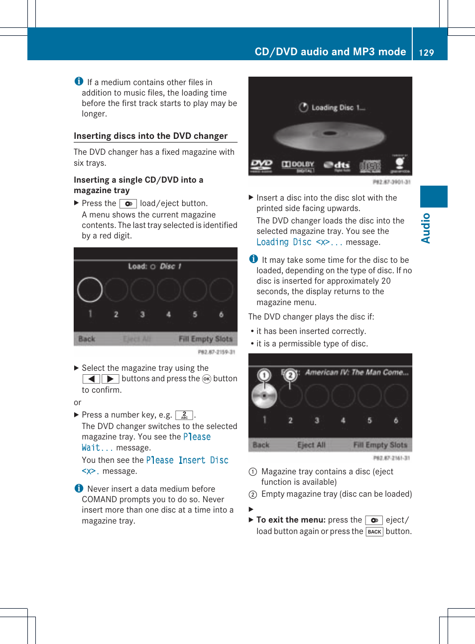 Audio, Cd/dvd audio and mp3 mode | Mercedes-Benz CLS-Class 2011 COMAND Manual User Manual | Page 131 / 214