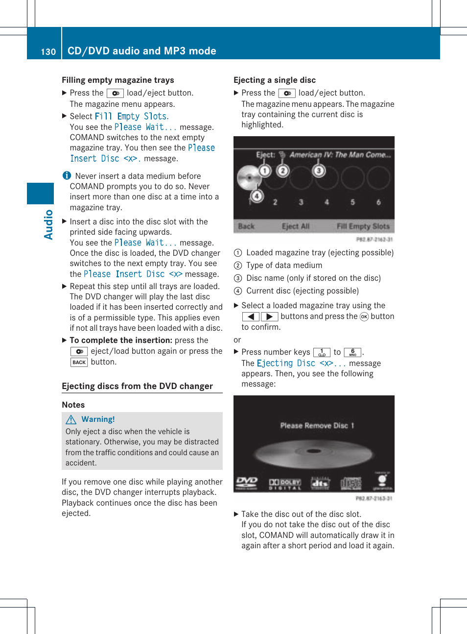 Audio, Cd/dvd audio and mp3 mode | Mercedes-Benz CLS-Class 2011 COMAND Manual User Manual | Page 132 / 214