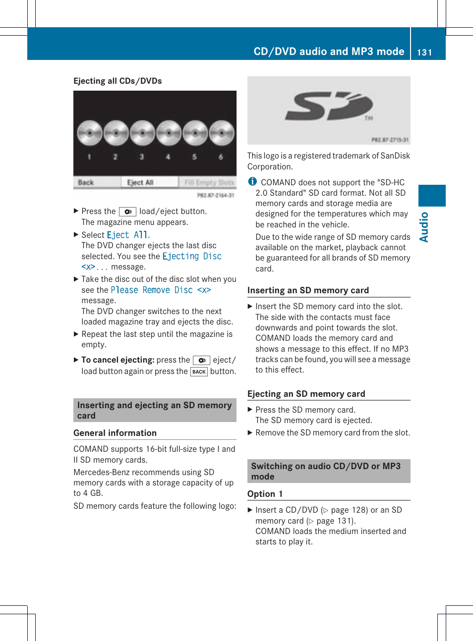 Audio, Cd/dvd audio and mp3 mode | Mercedes-Benz CLS-Class 2011 COMAND Manual User Manual | Page 133 / 214