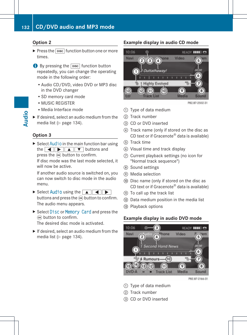 Audio, Cd/dvd audio and mp3 mode | Mercedes-Benz CLS-Class 2011 COMAND Manual User Manual | Page 134 / 214