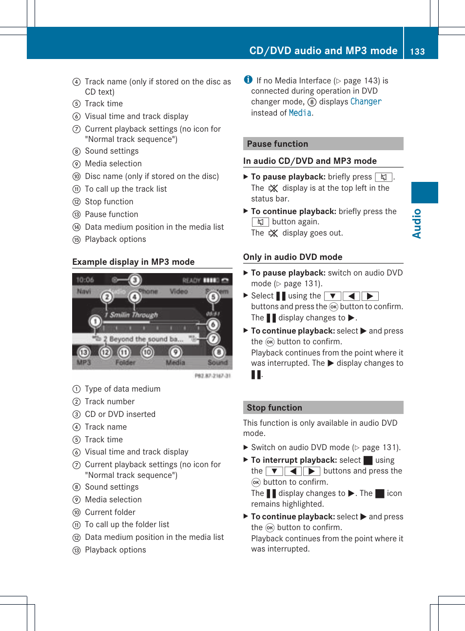 Audio, Cd/dvd audio and mp3 mode | Mercedes-Benz CLS-Class 2011 COMAND Manual User Manual | Page 135 / 214
