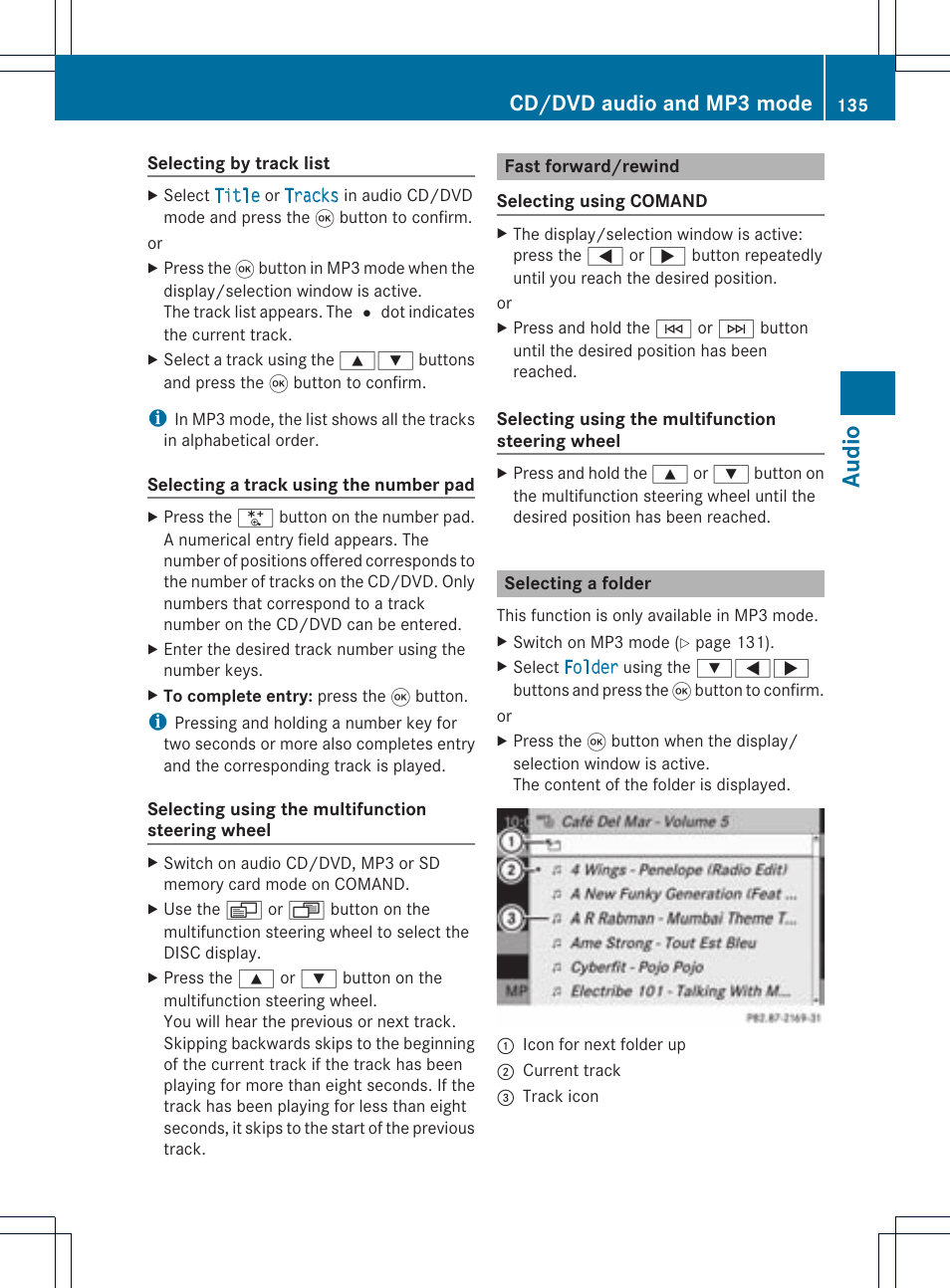 Audio, Cd/dvd audio and mp3 mode | Mercedes-Benz CLS-Class 2011 COMAND Manual User Manual | Page 137 / 214