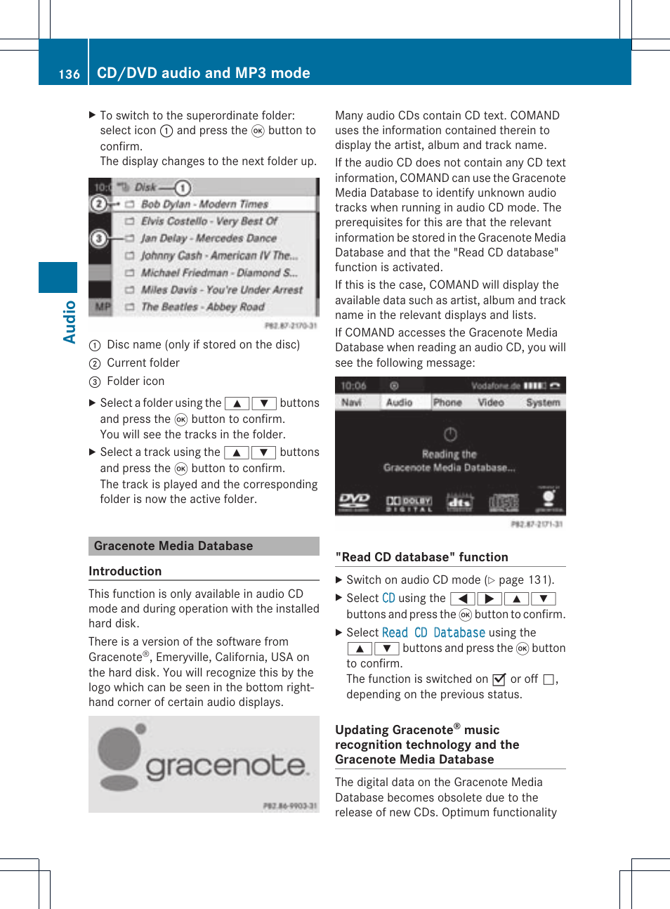 Audio, Cd/dvd audio and mp3 mode | Mercedes-Benz CLS-Class 2011 COMAND Manual User Manual | Page 138 / 214