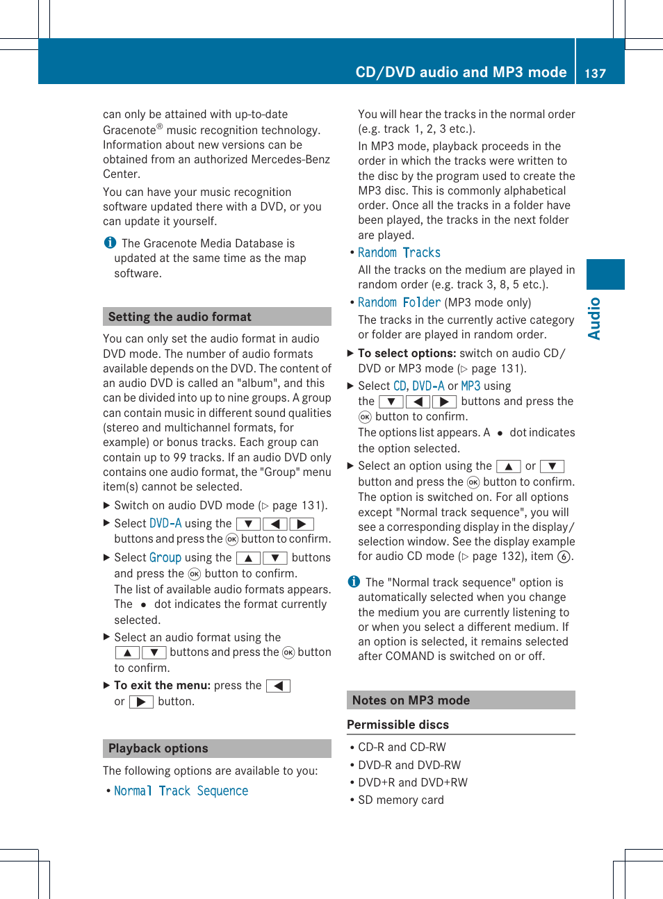 Audio, Cd/dvd audio and mp3 mode | Mercedes-Benz CLS-Class 2011 COMAND Manual User Manual | Page 139 / 214