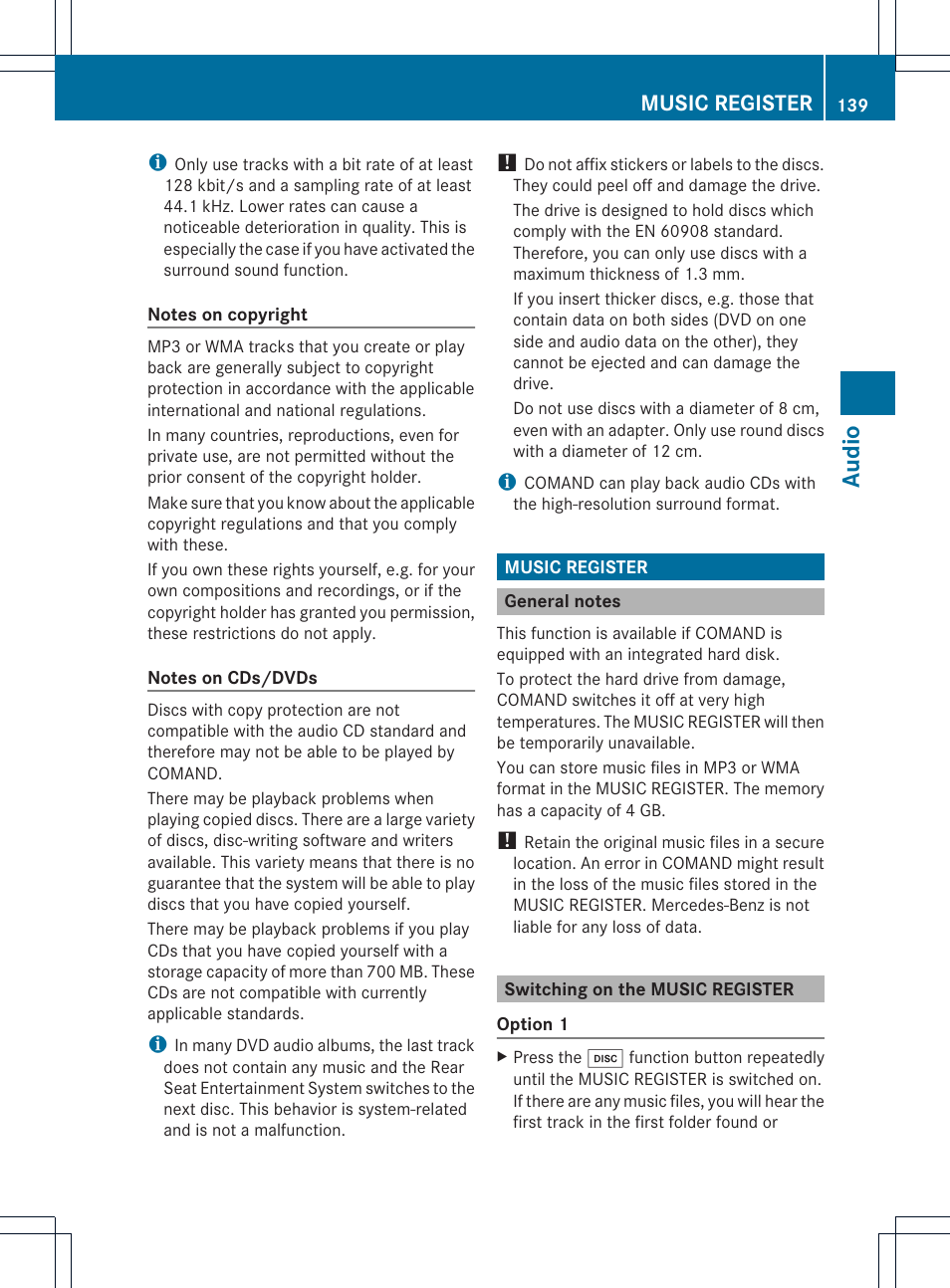 Audio, Music register | Mercedes-Benz CLS-Class 2011 COMAND Manual User Manual | Page 141 / 214