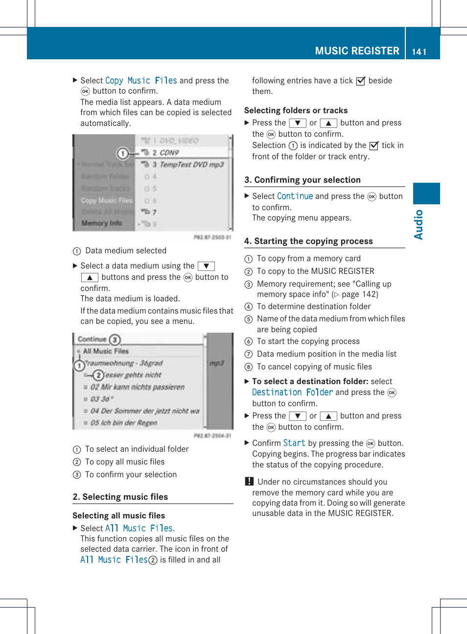 Aud io, Music register | Mercedes-Benz CLS-Class 2011 COMAND Manual User Manual | Page 143 / 214