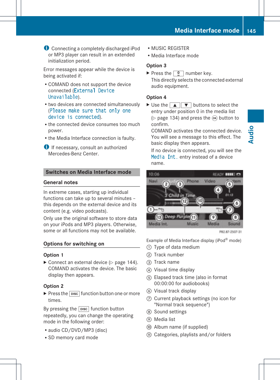Audio, Media interface mode | Mercedes-Benz CLS-Class 2011 COMAND Manual User Manual | Page 147 / 214
