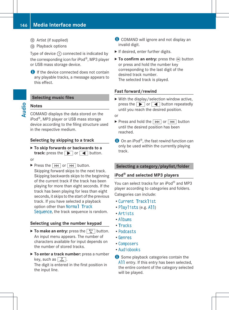 Audio, Media interface mode | Mercedes-Benz CLS-Class 2011 COMAND Manual User Manual | Page 148 / 214