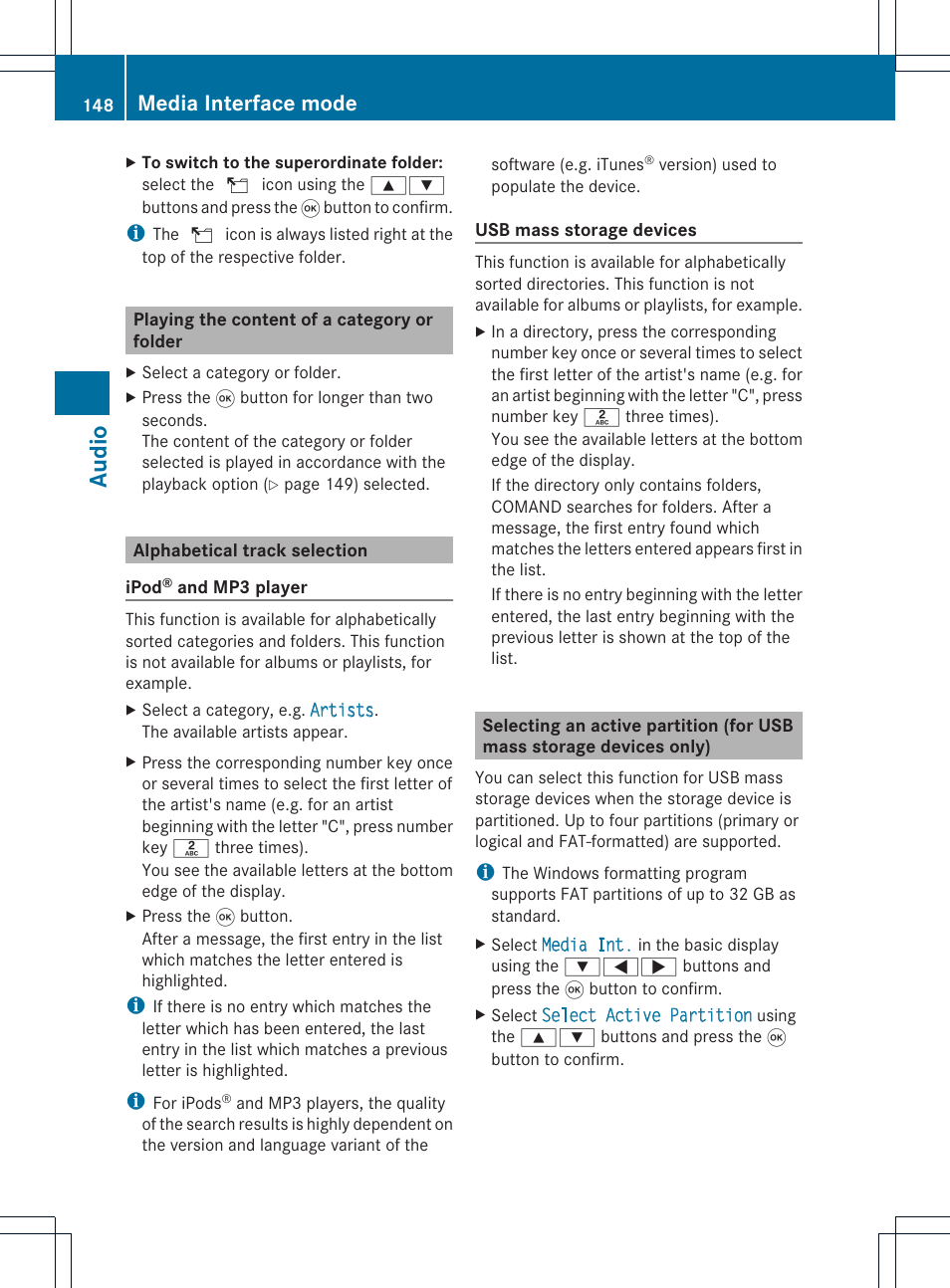 Audio, Media interface mode | Mercedes-Benz CLS-Class 2011 COMAND Manual User Manual | Page 150 / 214