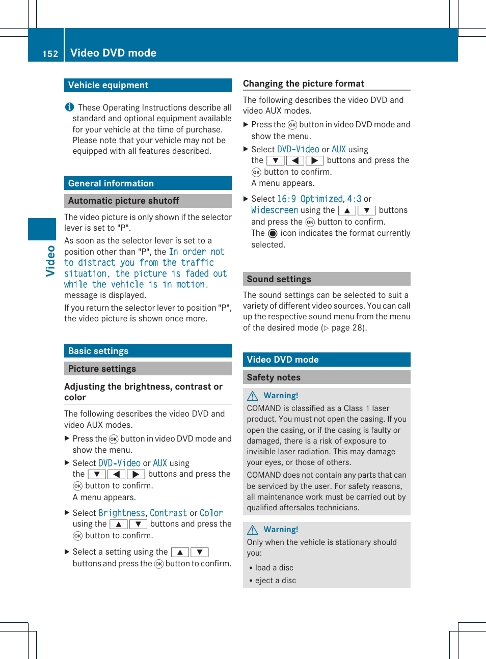 Video, Video dvd mode | Mercedes-Benz CLS-Class 2011 COMAND Manual User Manual | Page 154 / 214