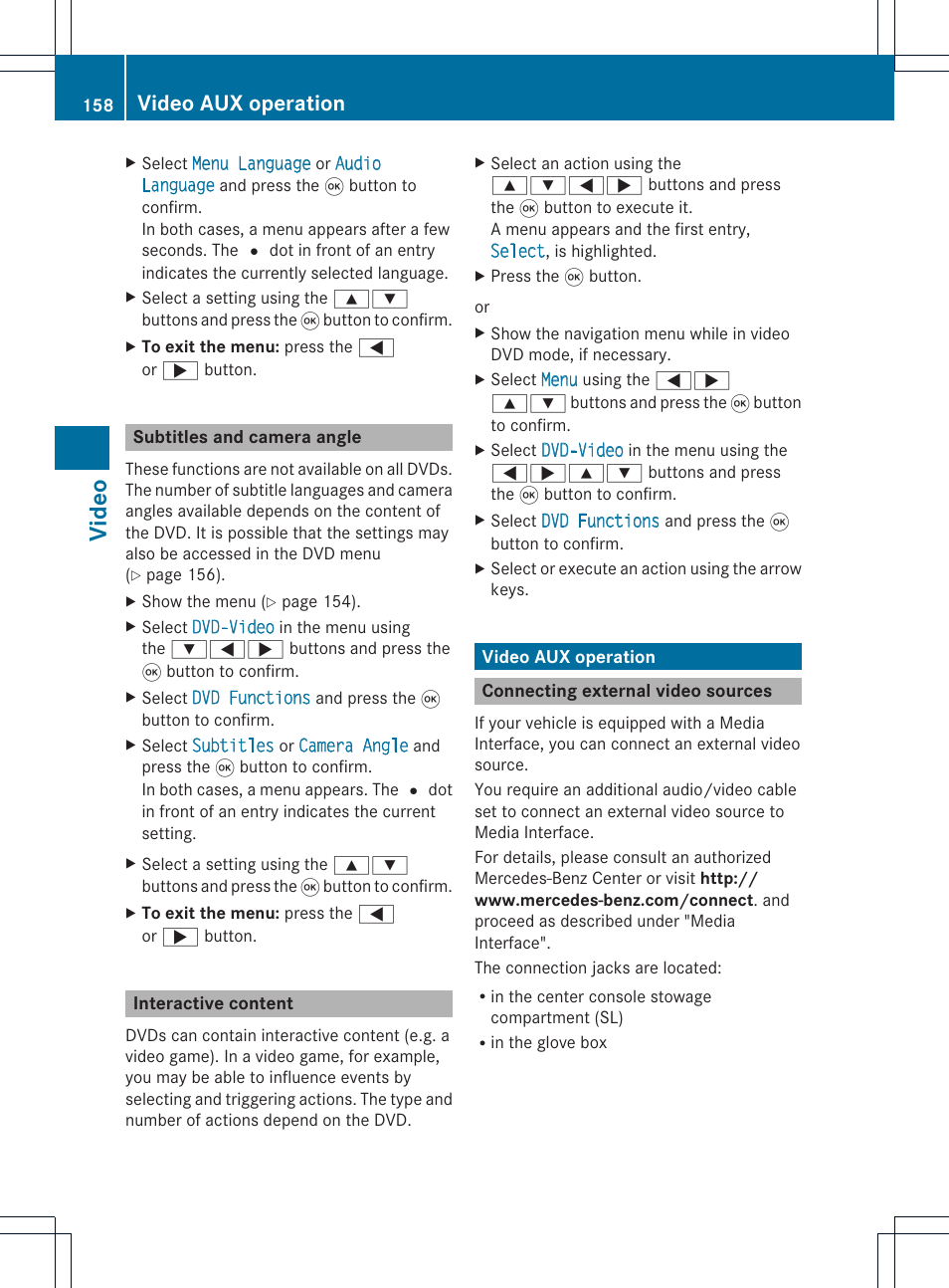 Video, Video aux operation | Mercedes-Benz CLS-Class 2011 COMAND Manual User Manual | Page 160 / 214