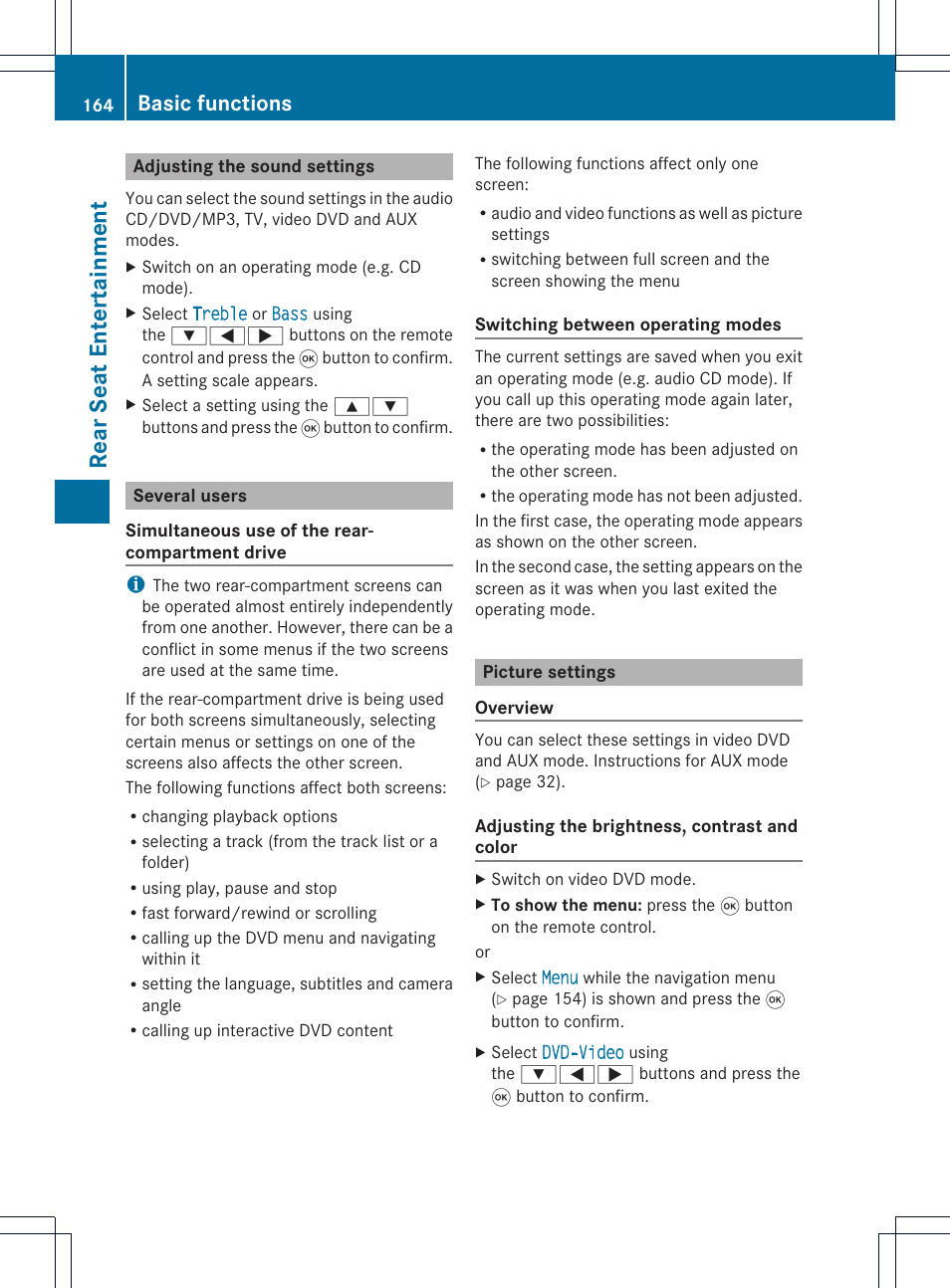 Rear seat entert ainment, Basic functions | Mercedes-Benz CLS-Class 2011 COMAND Manual User Manual | Page 166 / 214