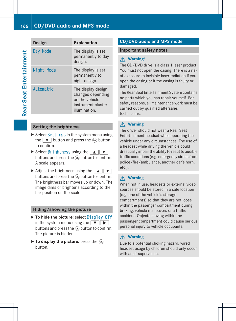 Rea rse at ent er tai nme nt, Cd/dvd audio and mp3 mode | Mercedes-Benz CLS-Class 2011 COMAND Manual User Manual | Page 168 / 214
