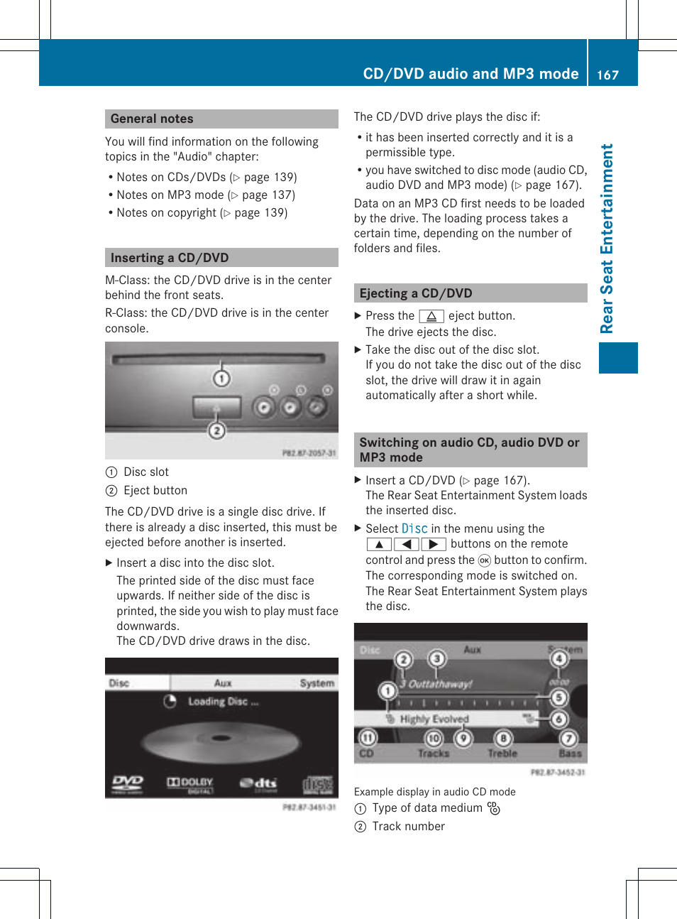 Rear seat enterta inment, Cd/dvd audio and mp3 mode | Mercedes-Benz CLS-Class 2011 COMAND Manual User Manual | Page 169 / 214