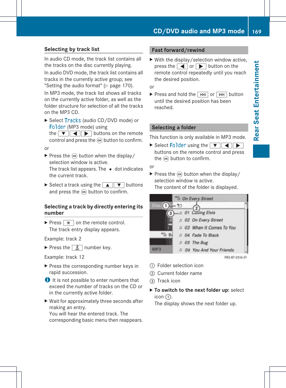 Rear seat enterta inment, Cd/dvd audio and mp3 mode | Mercedes-Benz CLS-Class 2011 COMAND Manual User Manual | Page 171 / 214