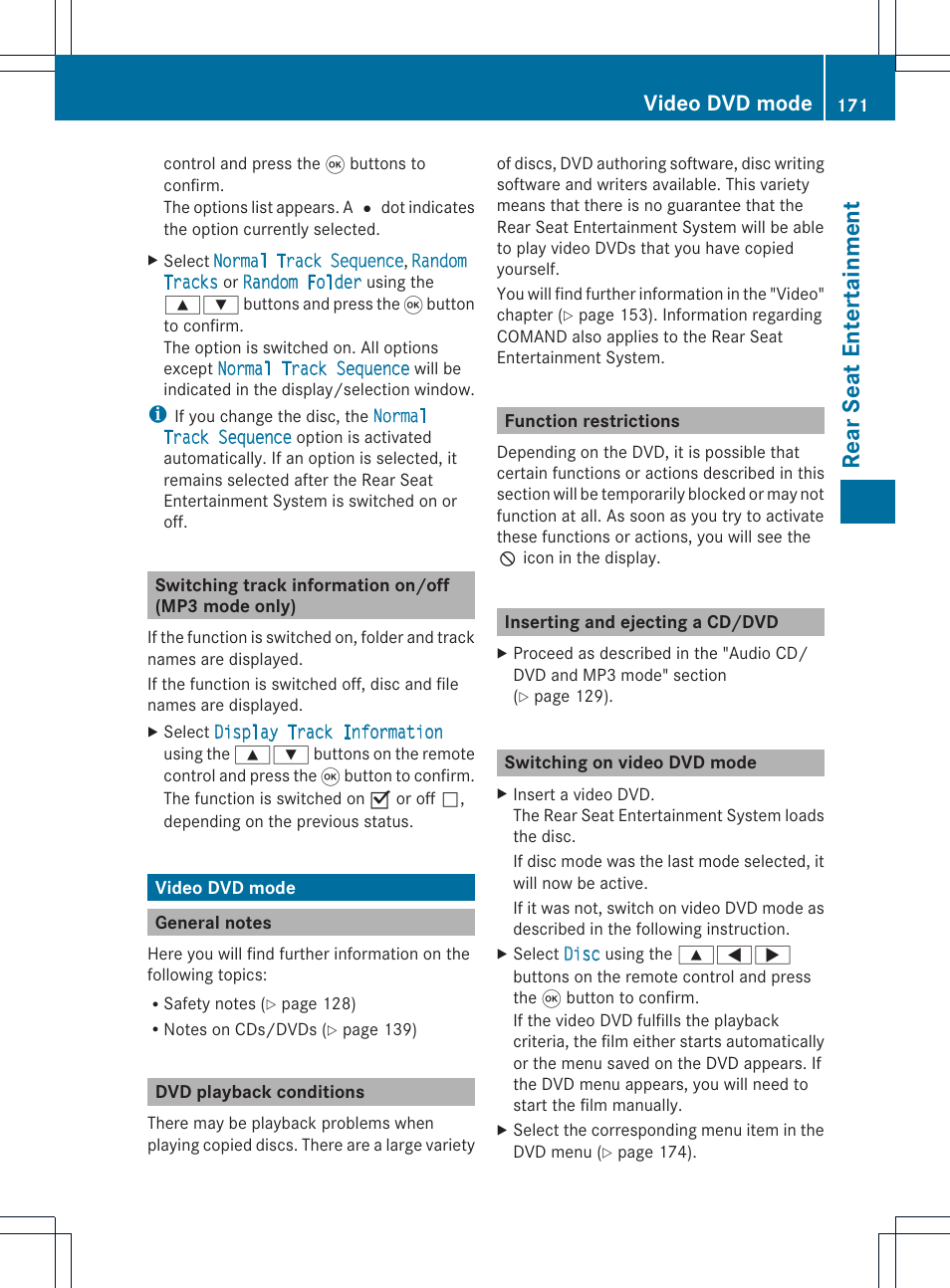 Rear seat enterta inment, Video dvd mode | Mercedes-Benz CLS-Class 2011 COMAND Manual User Manual | Page 173 / 214