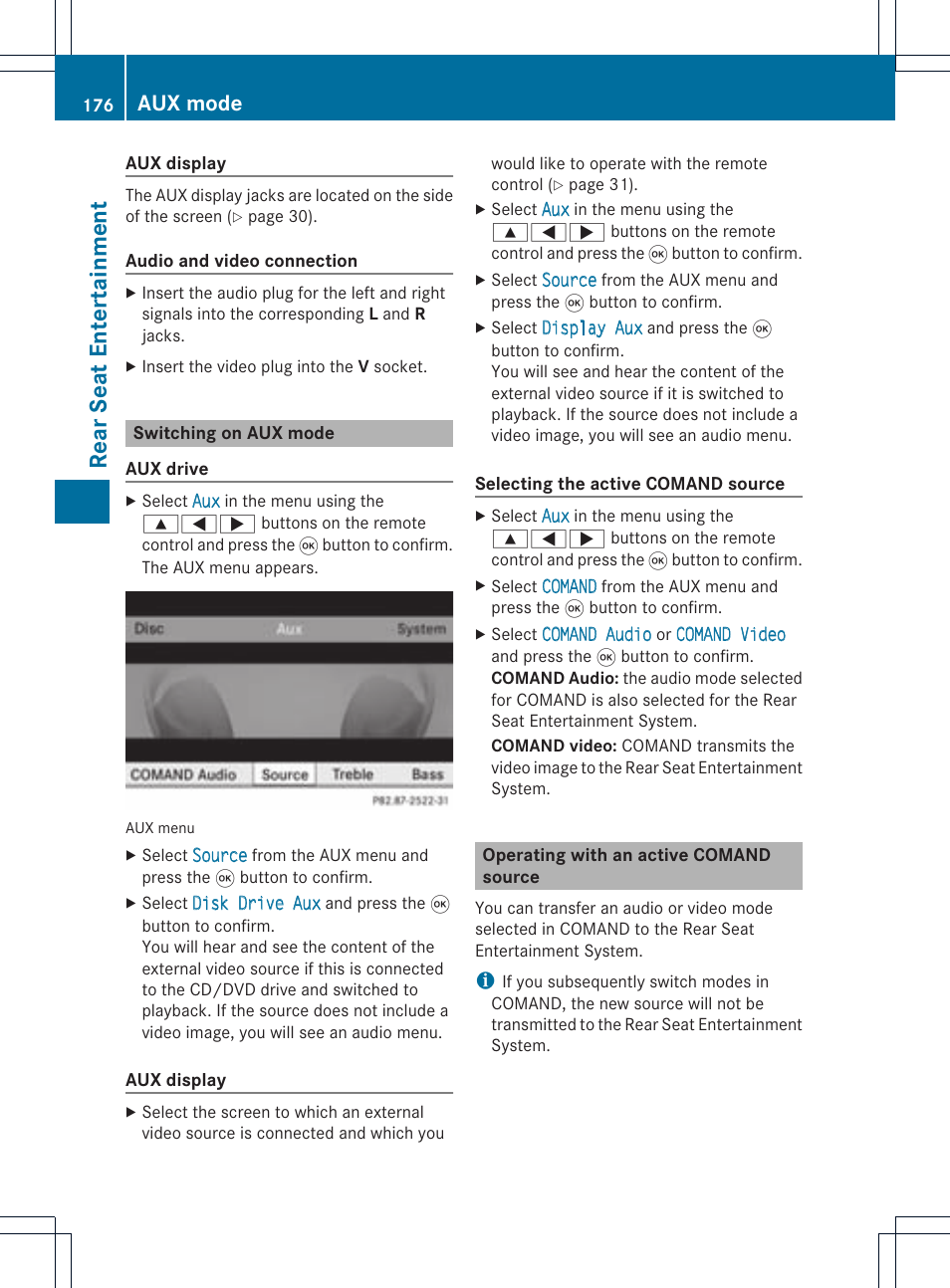 Rea rseat enter ta inment, Aux mode | Mercedes-Benz CLS-Class 2011 COMAND Manual User Manual | Page 178 / 214