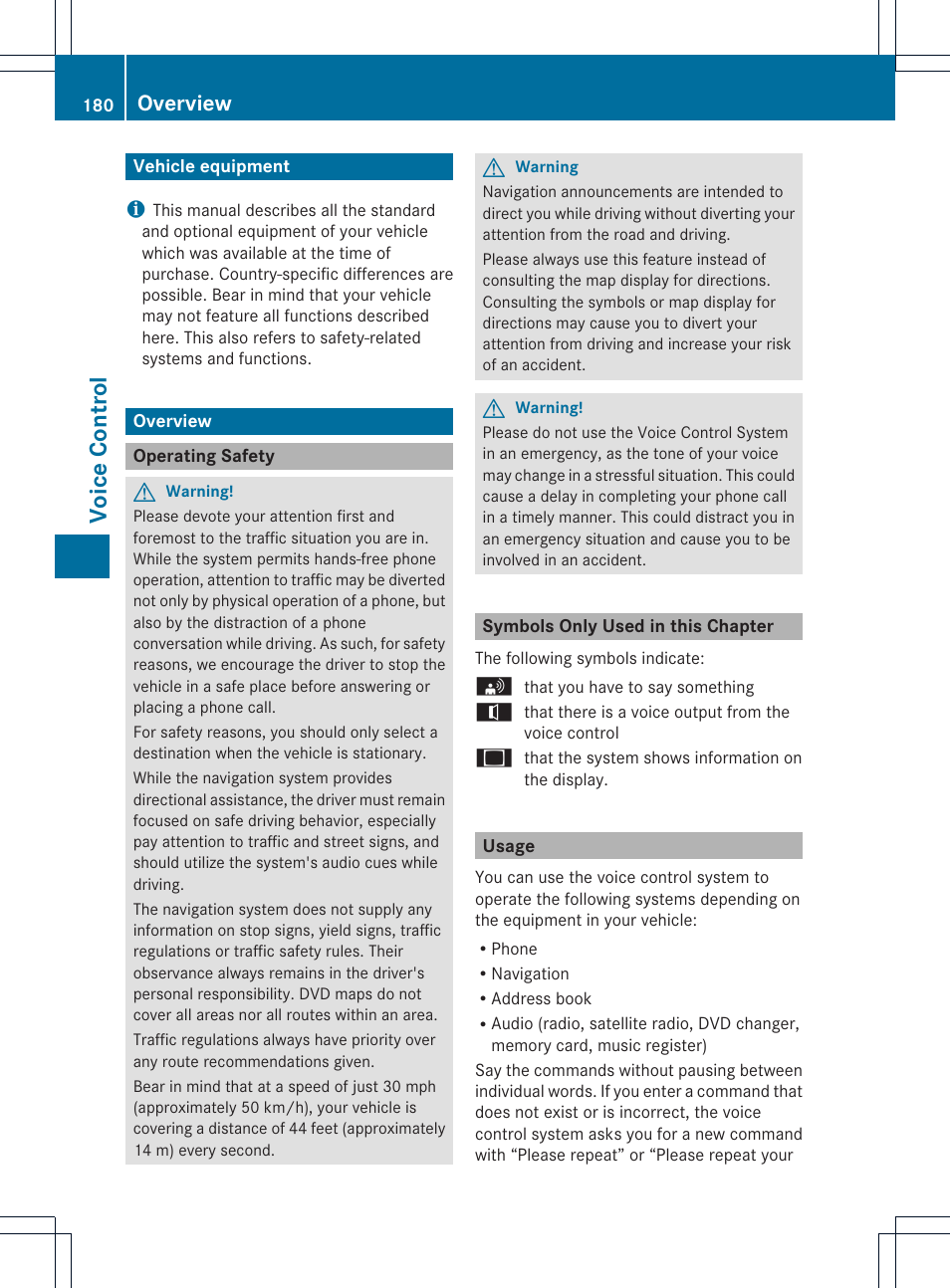 Voice con tr ol, Overview | Mercedes-Benz CLS-Class 2011 COMAND Manual User Manual | Page 182 / 214