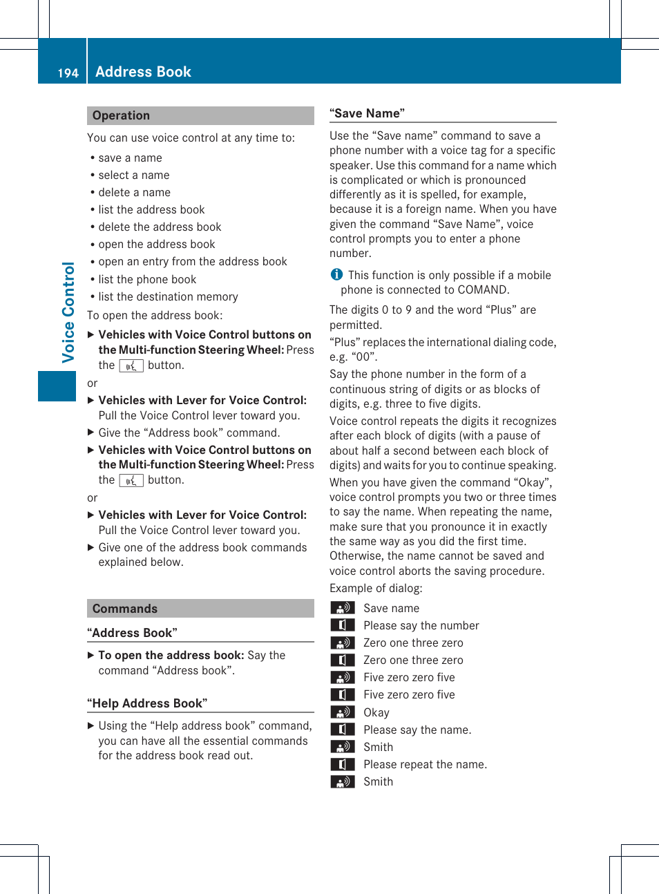 Voice con tr ol, Address book | Mercedes-Benz CLS-Class 2011 COMAND Manual User Manual | Page 196 / 214