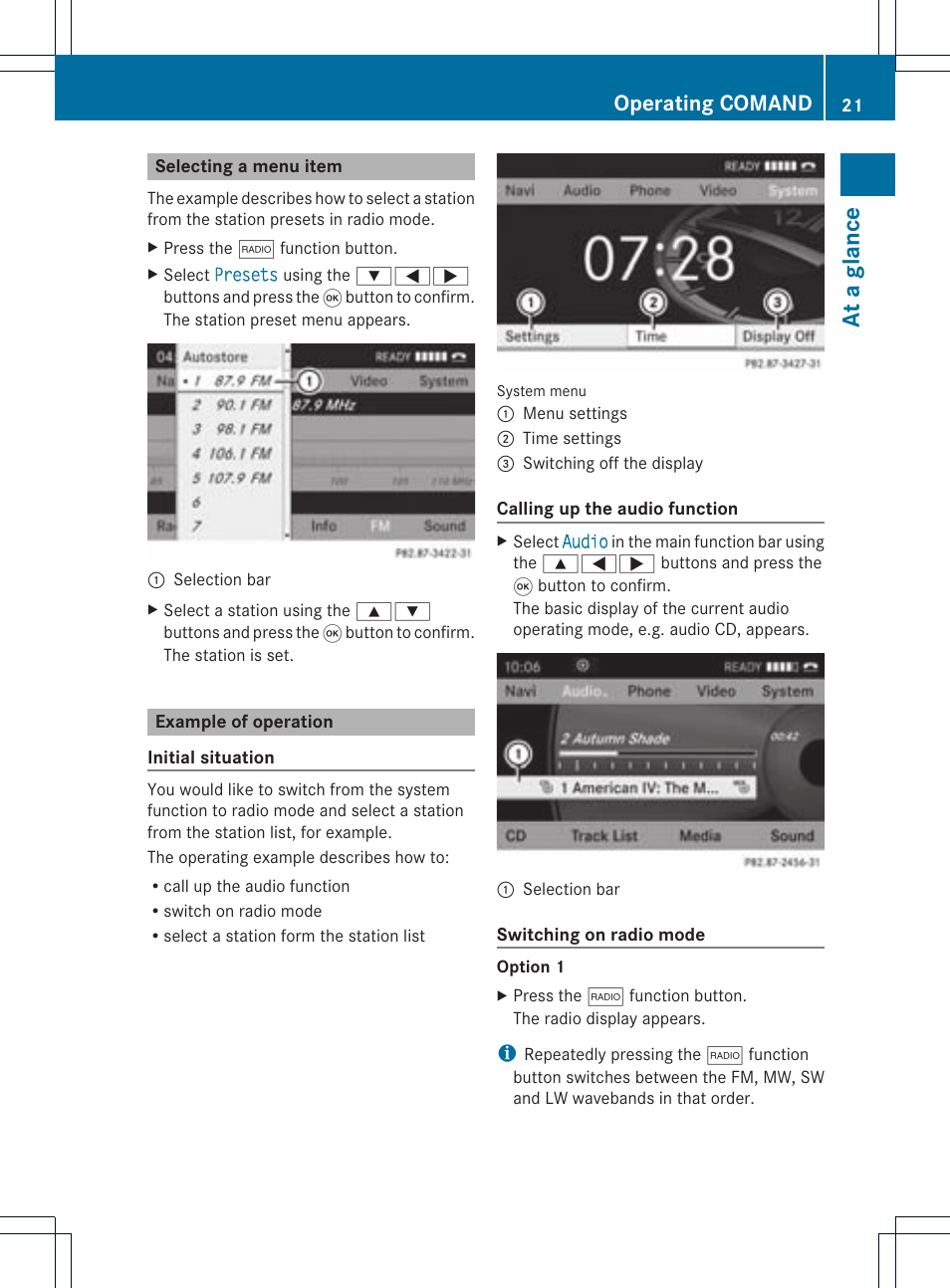 At a glanc e, Operating comand | Mercedes-Benz CLS-Class 2011 COMAND Manual User Manual | Page 23 / 214