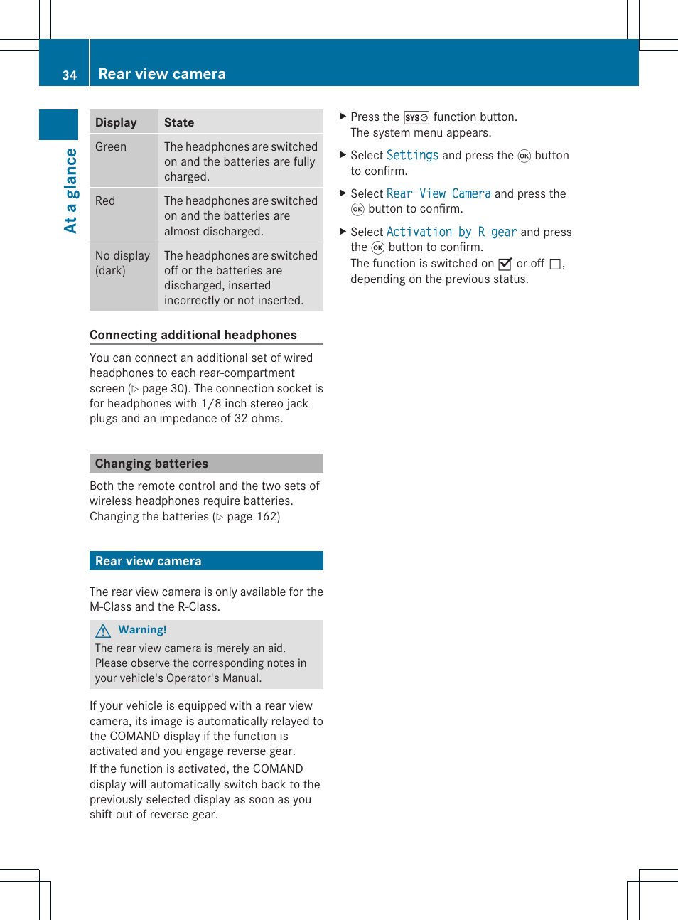 At a glance, Rear view camera | Mercedes-Benz CLS-Class 2011 COMAND Manual User Manual | Page 36 / 214