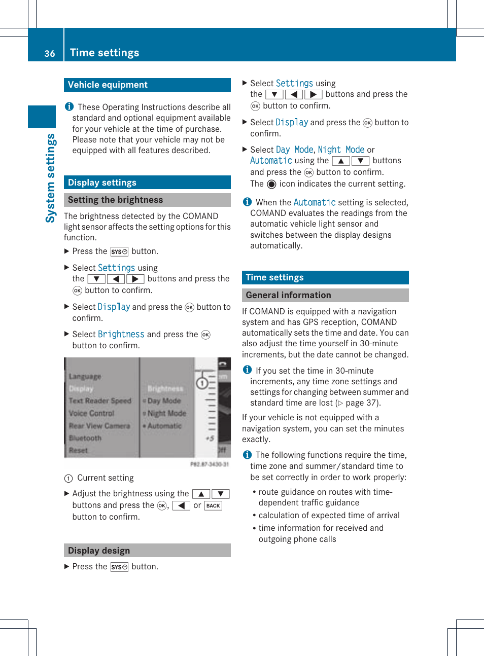 System settings, Time settings | Mercedes-Benz CLS-Class 2011 COMAND Manual User Manual | Page 38 / 214