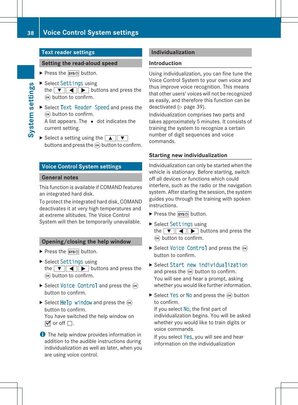 Syst em sett ings, Voice control system settings | Mercedes-Benz CLS-Class 2011 COMAND Manual User Manual | Page 40 / 214