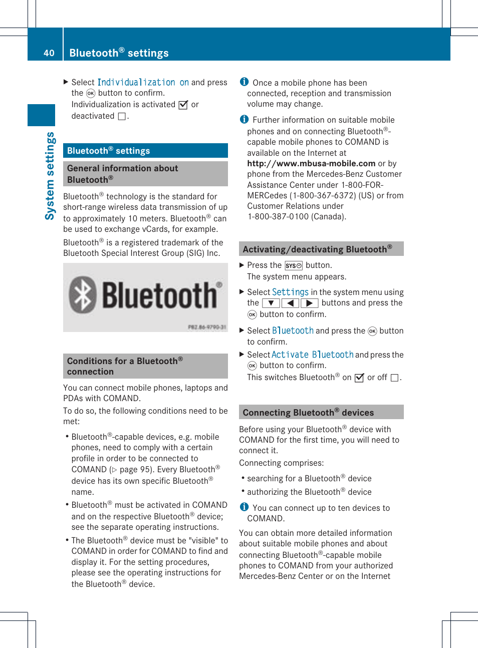 Sys tem set tings, Bluetooth, Settings | Mercedes-Benz CLS-Class 2011 COMAND Manual User Manual | Page 42 / 214