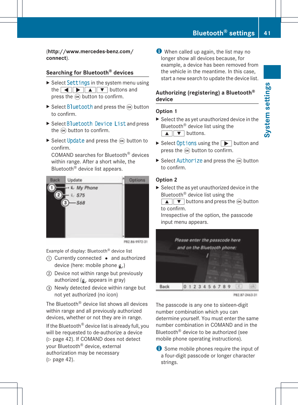 System settings, Bluetooth, Settings | Mercedes-Benz CLS-Class 2011 COMAND Manual User Manual | Page 43 / 214