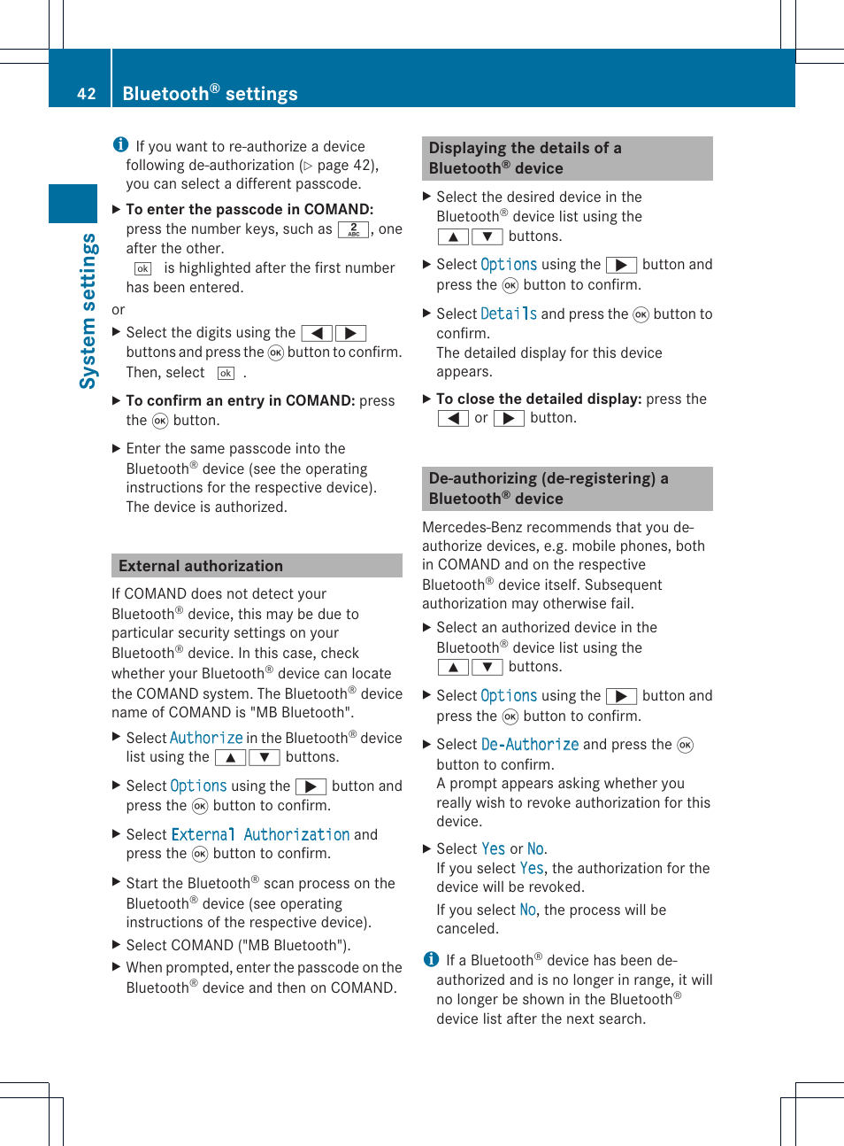 System settings, Bluetooth, Settings | Mercedes-Benz CLS-Class 2011 COMAND Manual User Manual | Page 44 / 214