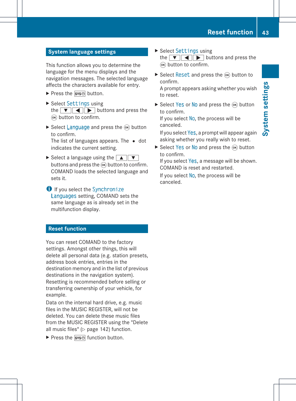 System settings, Reset function | Mercedes-Benz CLS-Class 2011 COMAND Manual User Manual | Page 45 / 214