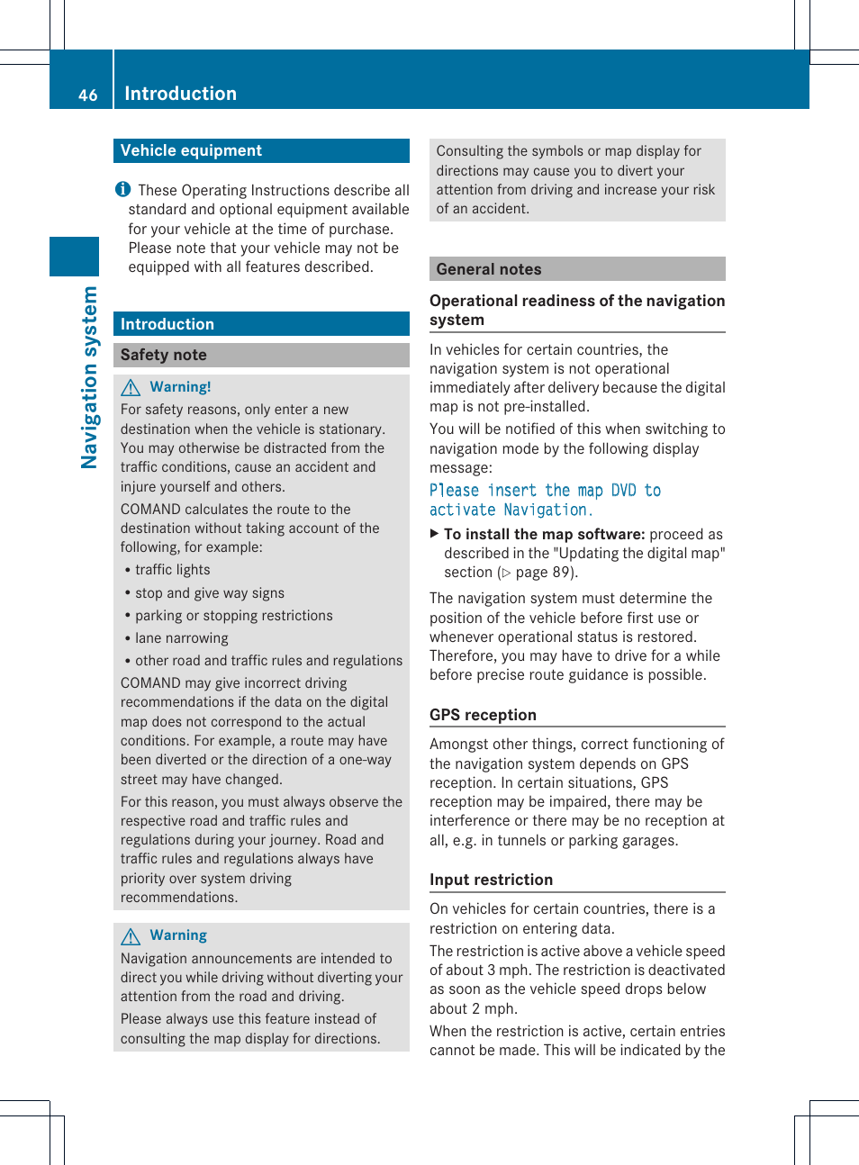 Na vigat ion system, Introduction | Mercedes-Benz CLS-Class 2011 COMAND Manual User Manual | Page 48 / 214