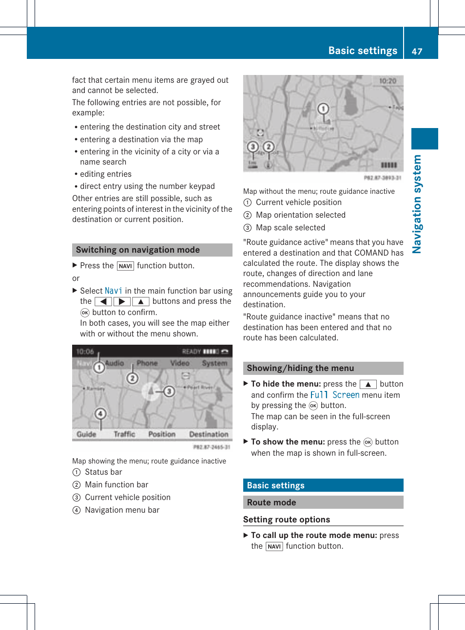 Na vigation system, Basic settings | Mercedes-Benz CLS-Class 2011 COMAND Manual User Manual | Page 49 / 214