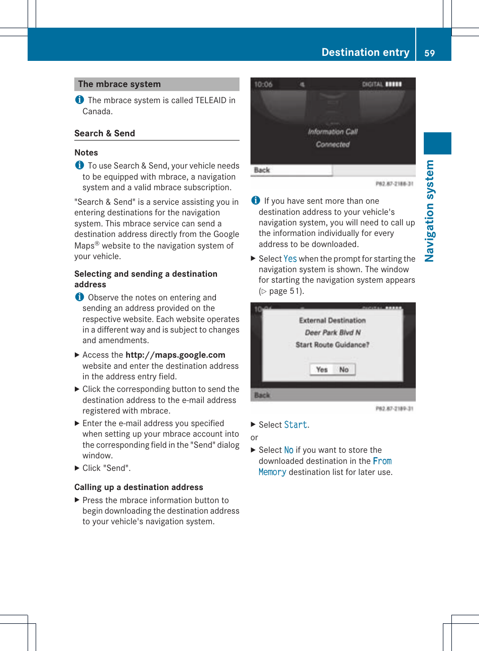 Navigat ion system, Destination entry | Mercedes-Benz CLS-Class 2011 COMAND Manual User Manual | Page 61 / 214