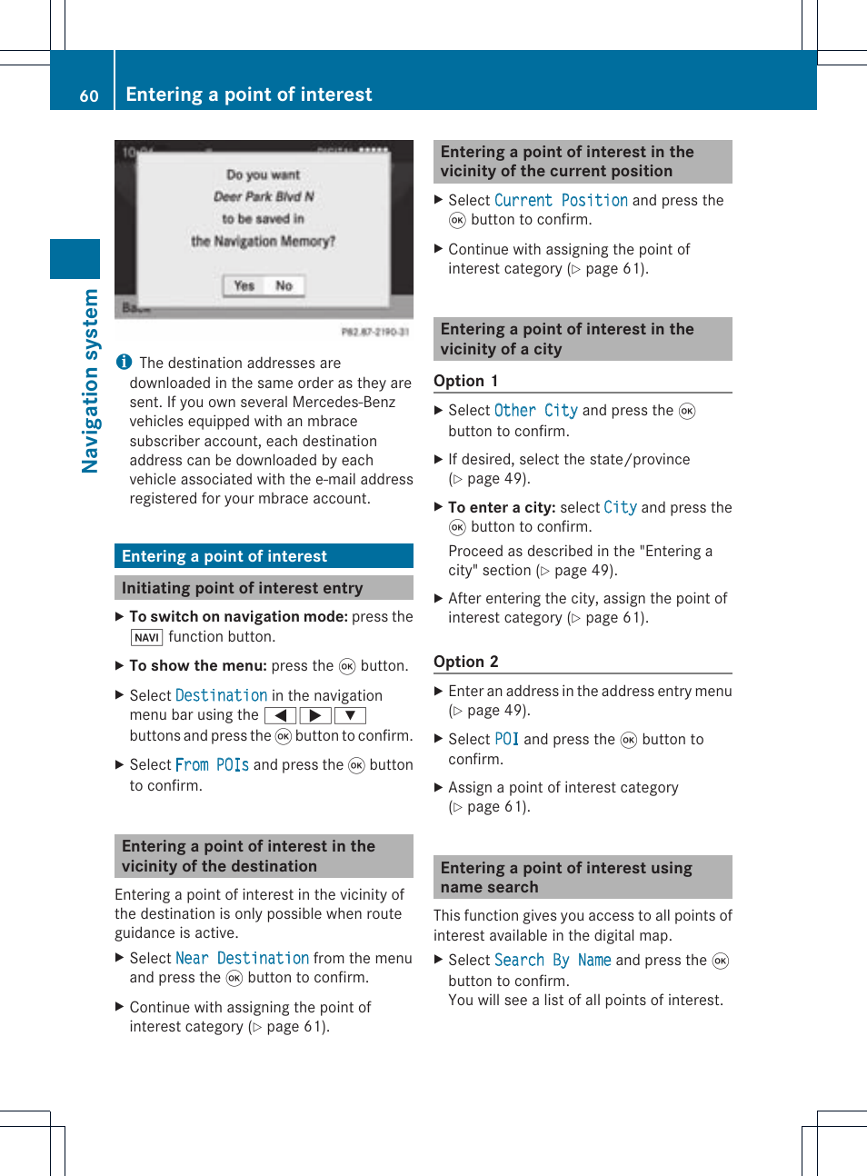 Navi ga tio n sy ste m, Entering a point of interest | Mercedes-Benz CLS-Class 2011 COMAND Manual User Manual | Page 62 / 214