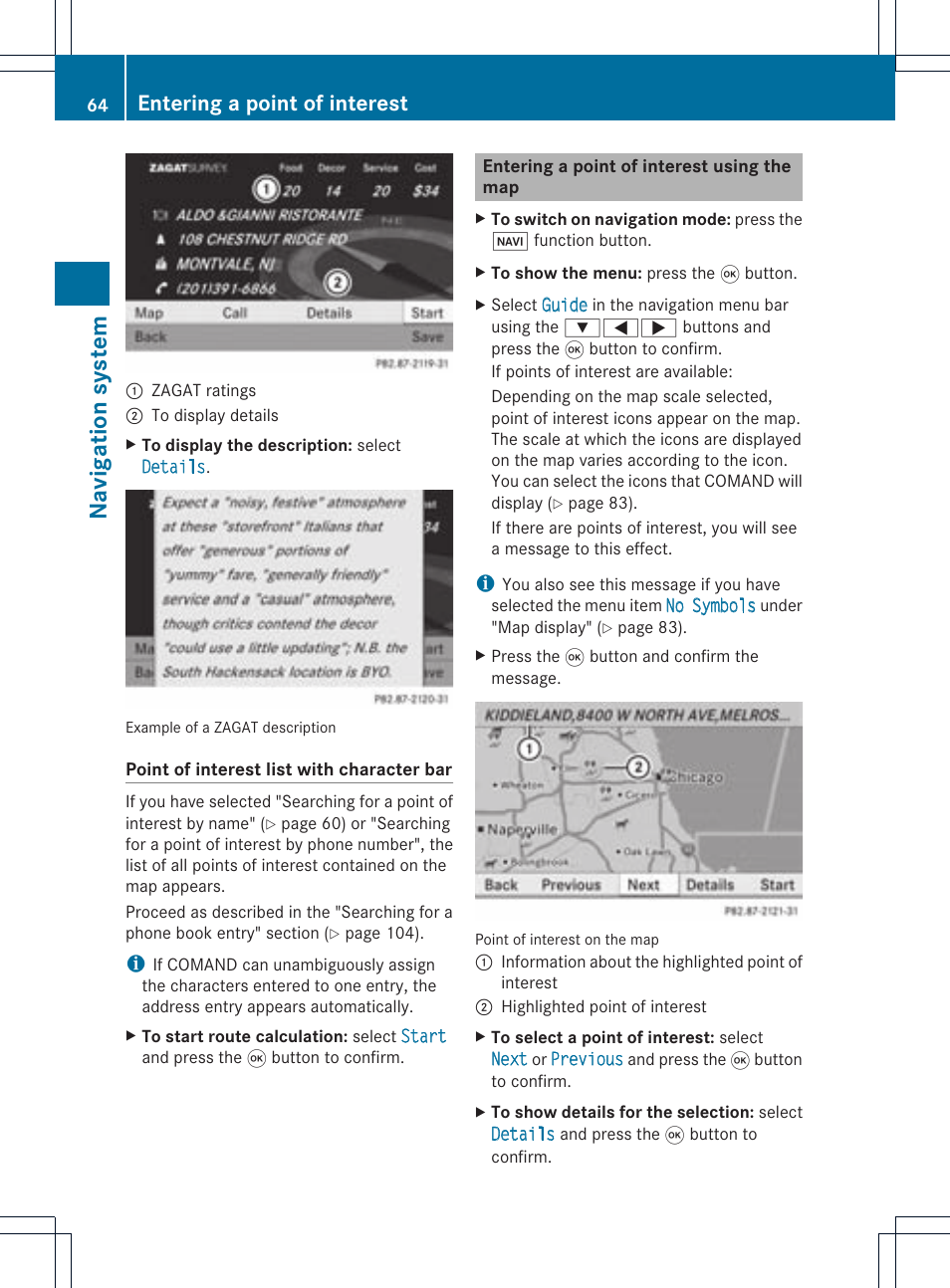 Navi ga tio n sy ste m, Entering a point of interest | Mercedes-Benz CLS-Class 2011 COMAND Manual User Manual | Page 66 / 214
