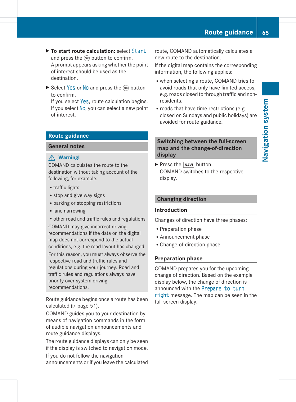 Na vigat ion syst em, Route guidance | Mercedes-Benz CLS-Class 2011 COMAND Manual User Manual | Page 67 / 214