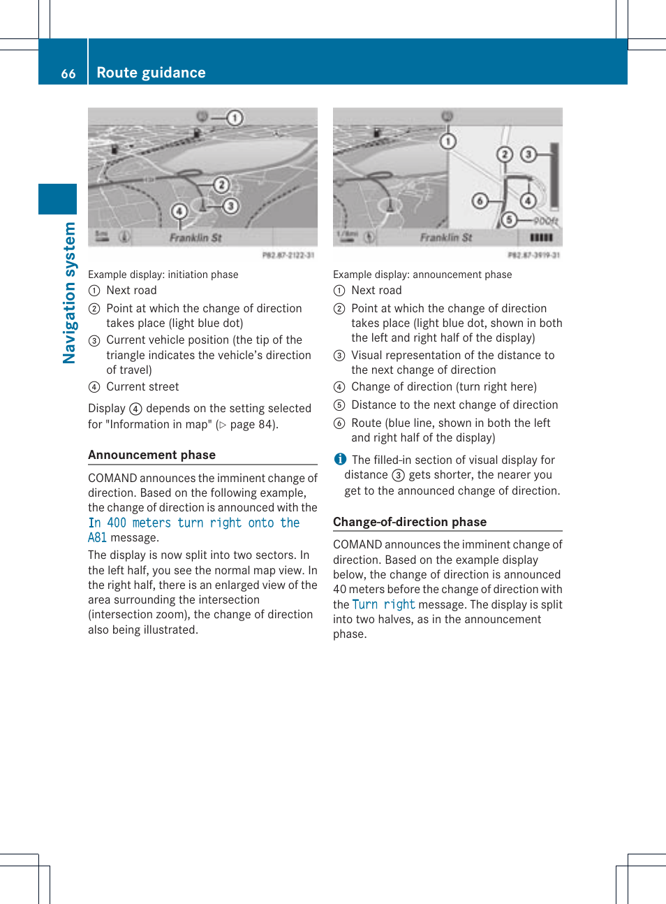 Na viga tion syst em, Route guidance | Mercedes-Benz CLS-Class 2011 COMAND Manual User Manual | Page 68 / 214