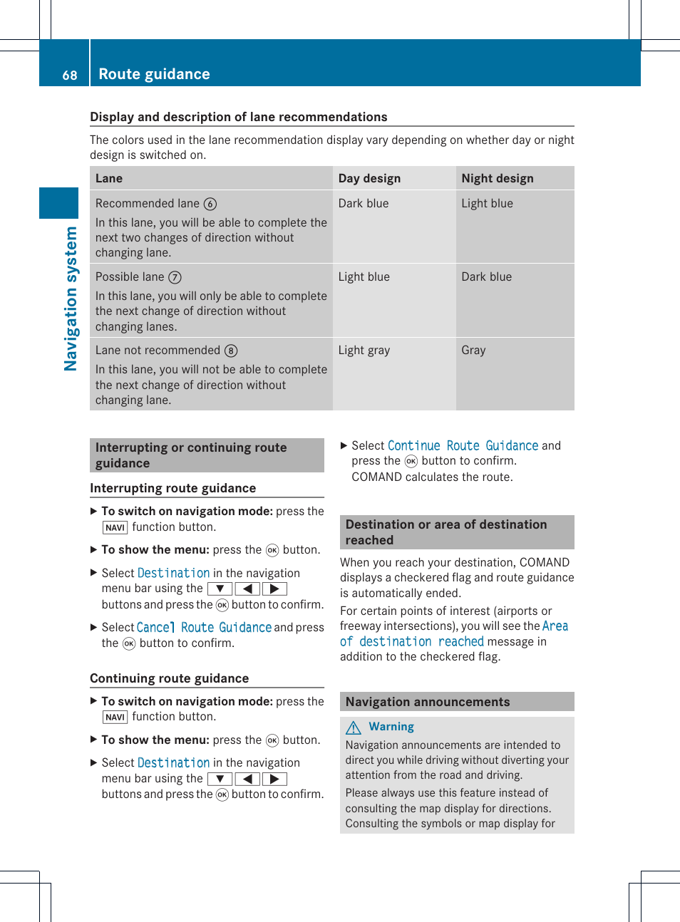 Navigat ion system, Route guidance | Mercedes-Benz CLS-Class 2011 COMAND Manual User Manual | Page 70 / 214
