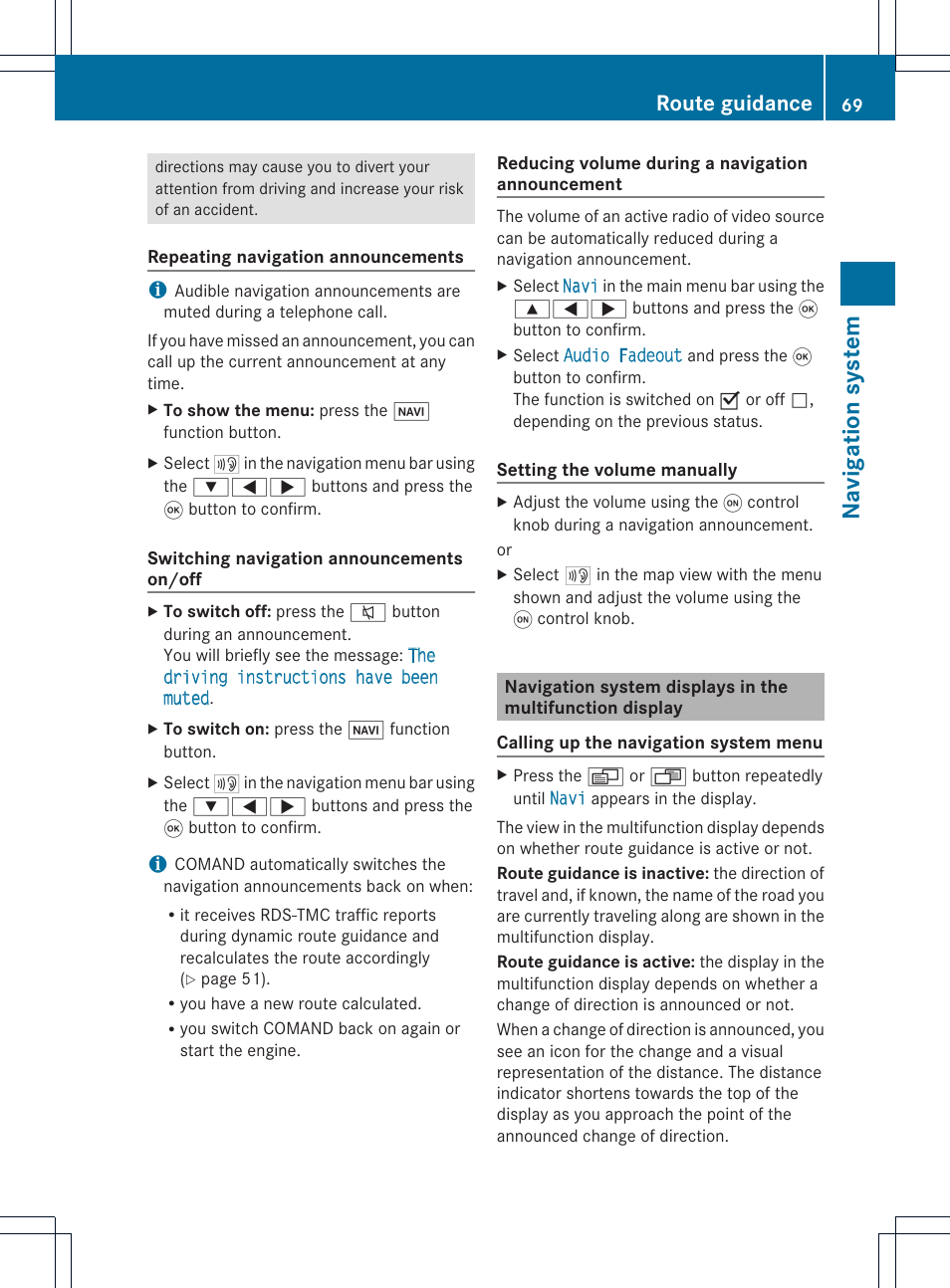 Na vigation system, Route guidance | Mercedes-Benz CLS-Class 2011 COMAND Manual User Manual | Page 71 / 214