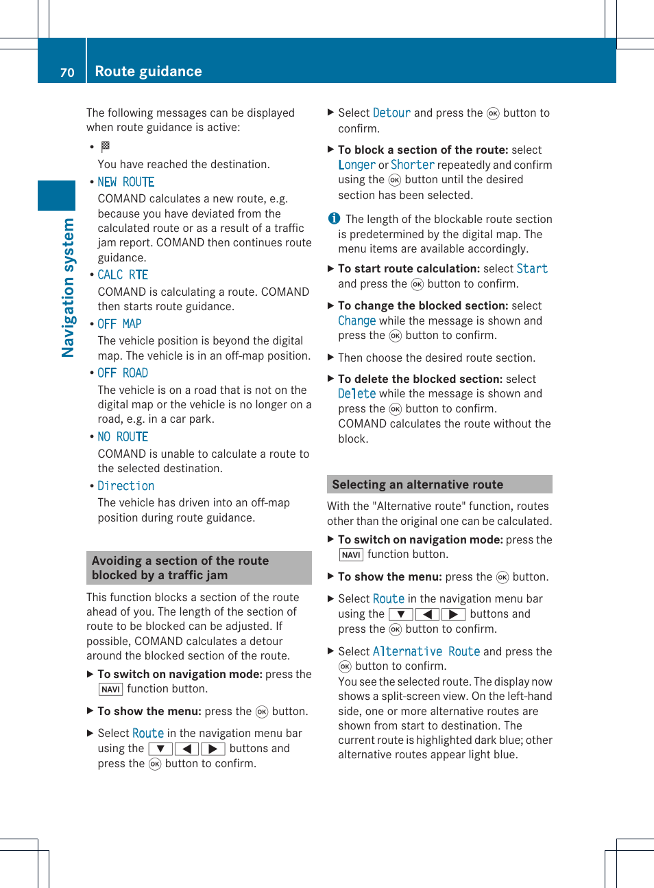 Na vigat ion syst em, Route guidance | Mercedes-Benz CLS-Class 2011 COMAND Manual User Manual | Page 72 / 214