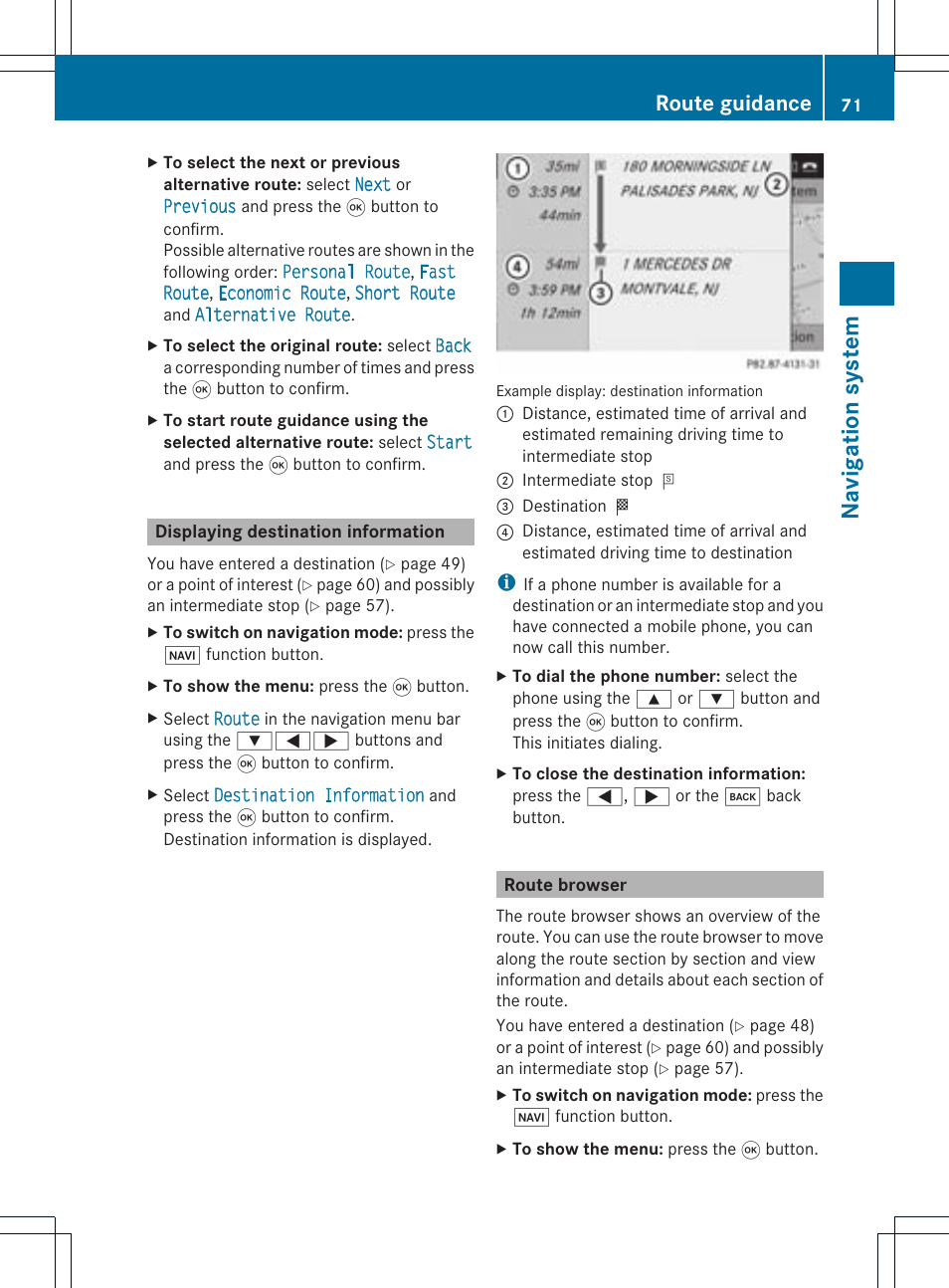 Navigat ion system, Route guidance | Mercedes-Benz CLS-Class 2011 COMAND Manual User Manual | Page 73 / 214