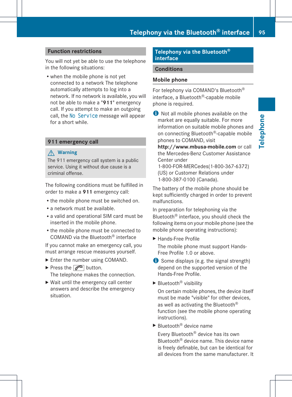 Telephone, Telephony via the bluetooth, Interface | Mercedes-Benz CLS-Class 2011 COMAND Manual User Manual | Page 97 / 214