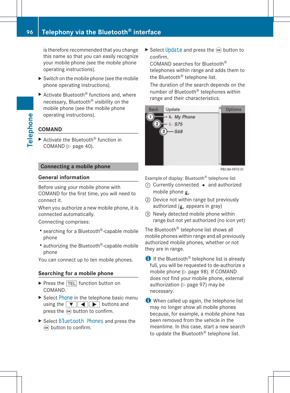 Telep hone, Telephony via the bluetooth, Interface | Mercedes-Benz CLS-Class 2011 COMAND Manual User Manual | Page 98 / 214